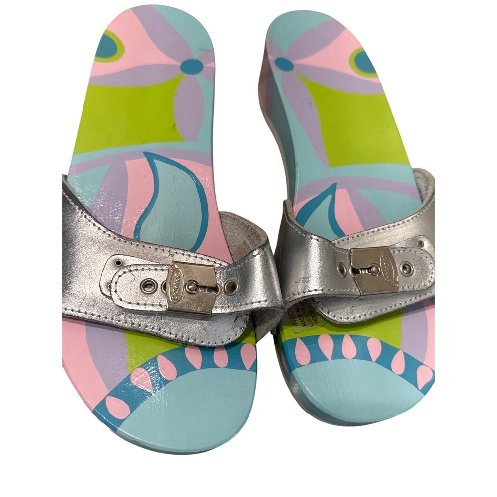 Dr. Scholl's Original Classic hand-painted wood sandals silver leather vintage 8 - Picture 9 of 11